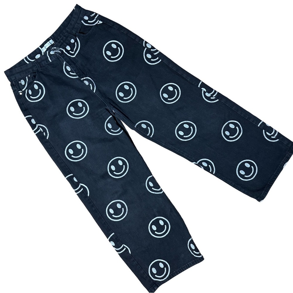 JIUZHOU HORSE Black Jeans with White Smiley Faces Size 36